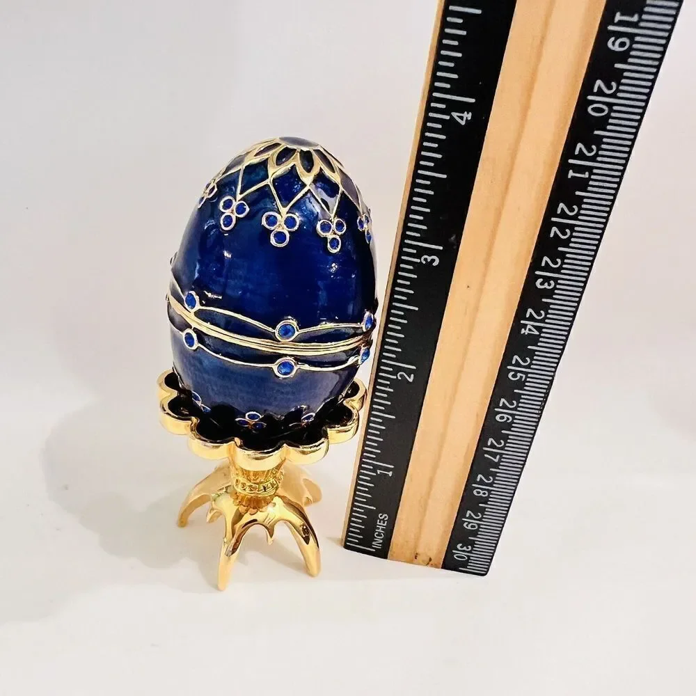 Enamel Keepsake Trinket Box Egg Cobalt Blue & Gold Tone Stand Metal Rhinestones